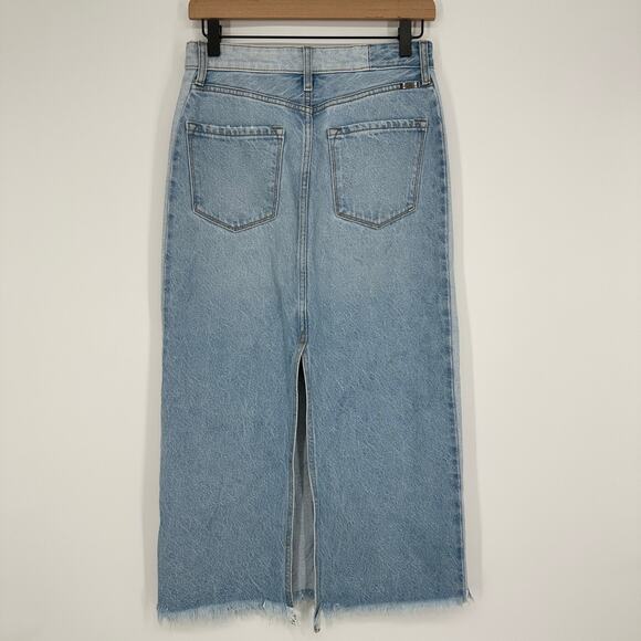 KanCan Midi Denim Light Wash Two Tone Back Slit Raw Hem Pockets Skirt Small - Picture 4 of 8